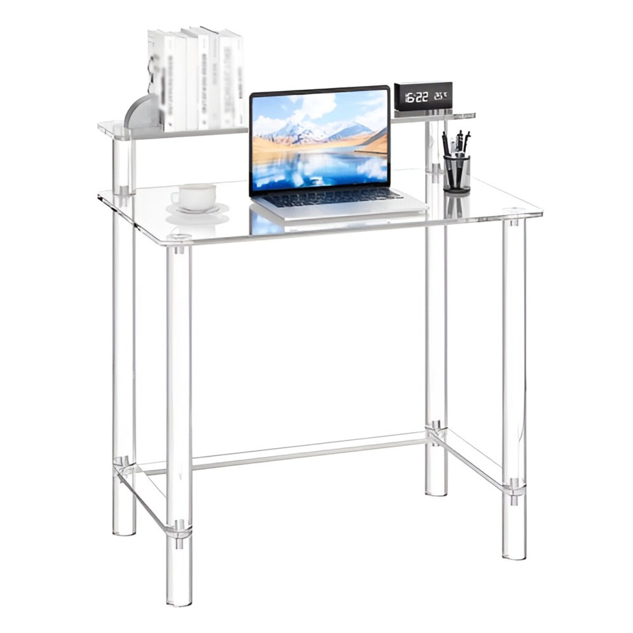 Acrylic Table 2 Tiers Clear Office Desk with Monitor Stand Modern Study Computer Desk